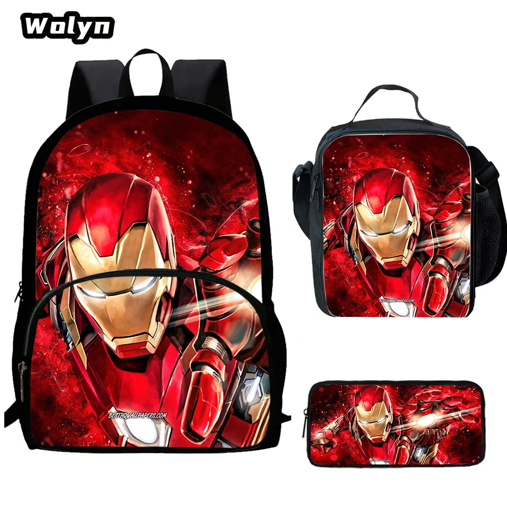 Cartoon I-Ron Anime Man Child Backpack,Lunch Bags,Pencil Bags for 4-8 Years Old Anime School Bags for Boys Girls Best Gift