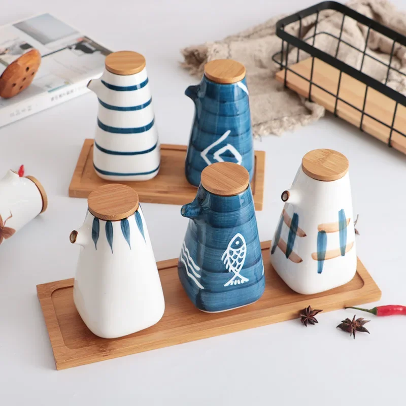 Japanese Hand Painted Ceramic Oil Vinegar Bottle Set Creative Kitchen Condiment Dispenser