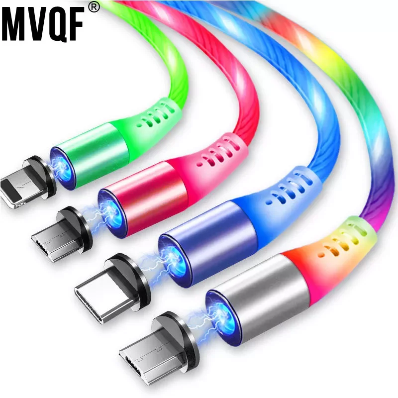 3 In1 Magnetic Current Luminous Lighting Charging Mobile Phone Cable Cle Usb C Cable LED Micro USB Type C for Iphone Huawei P50