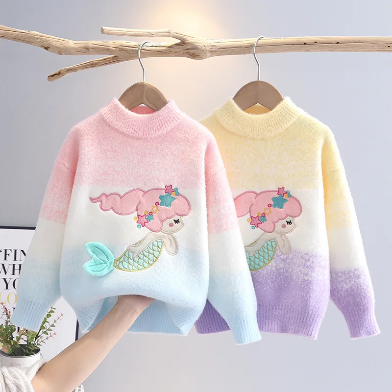 O-neck Collar Regular Length Pullover Kid Mermaid Princess Pattern Sweet Fashion Comfortable Warm Children Girls Sweater IY08012