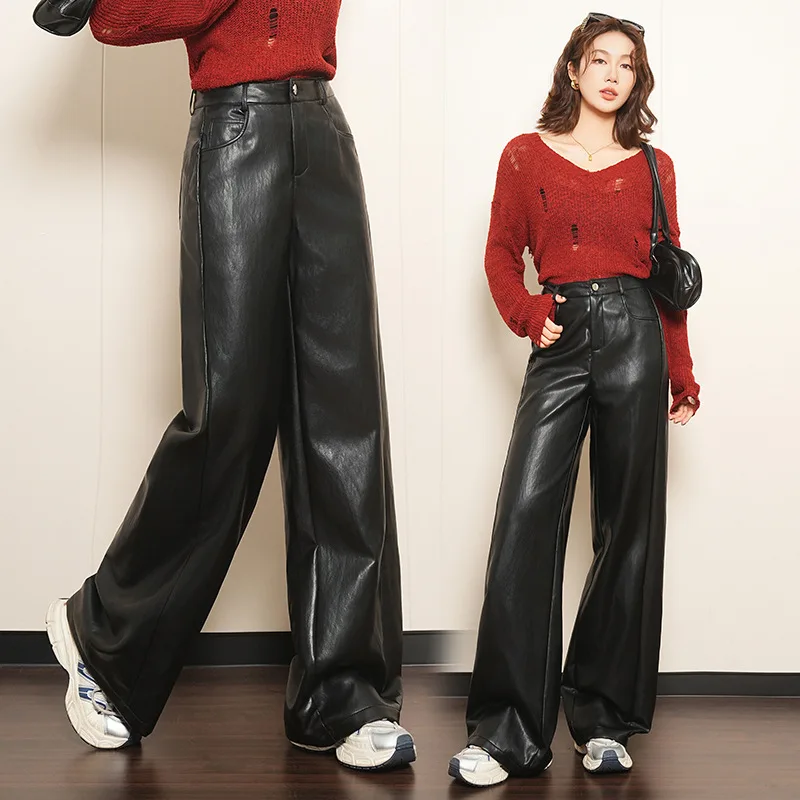 أزياء الاتجاه تنوعا عالية الخصر التخسيس بو السراويل الجلدية واسعة الساق للنساء، نمط جديد الخريف والشتاء، أنيقة الطابق لو #2