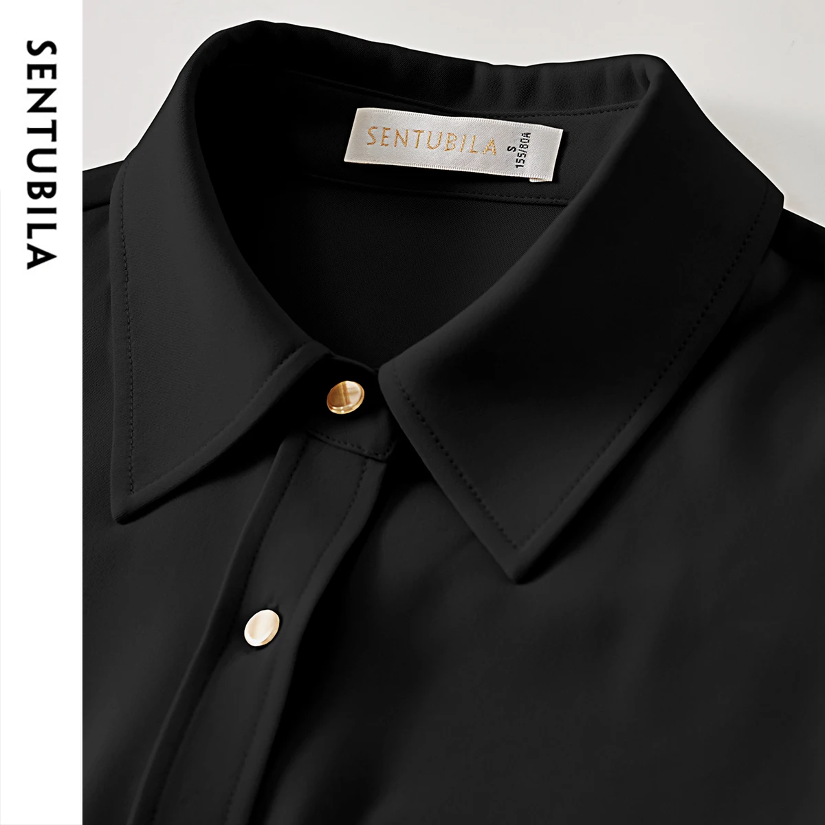 SENTUBILA Casual Straight Shirt Women 2024 Autumn Turn Down Collar Metal Single-breasted Solid Long Sleeve Simple Top 143C56825