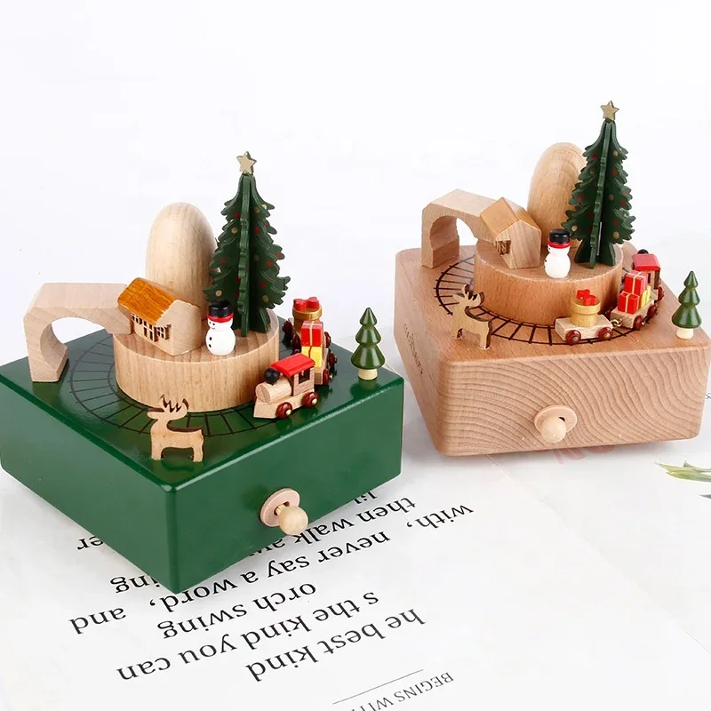 Ever Bright Creative Popular Cute wood Little train Christmas Tree Wind Up Wood Music Box for kids  Birthday Gift Decoration