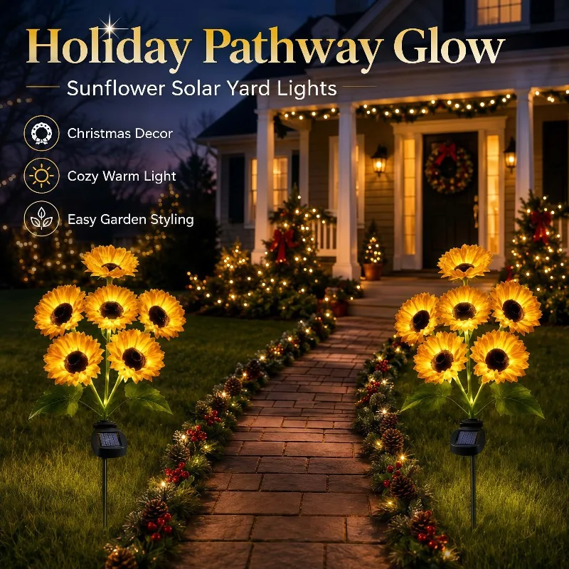 2PCS Sunflower Stake Lights with 12 LED Outdoor Lights, Solar Garden Lights Suitable for Pathway, Lawn, Yard, , for Halloween, Christmas Decorations, Plug-Free Operation & Installation