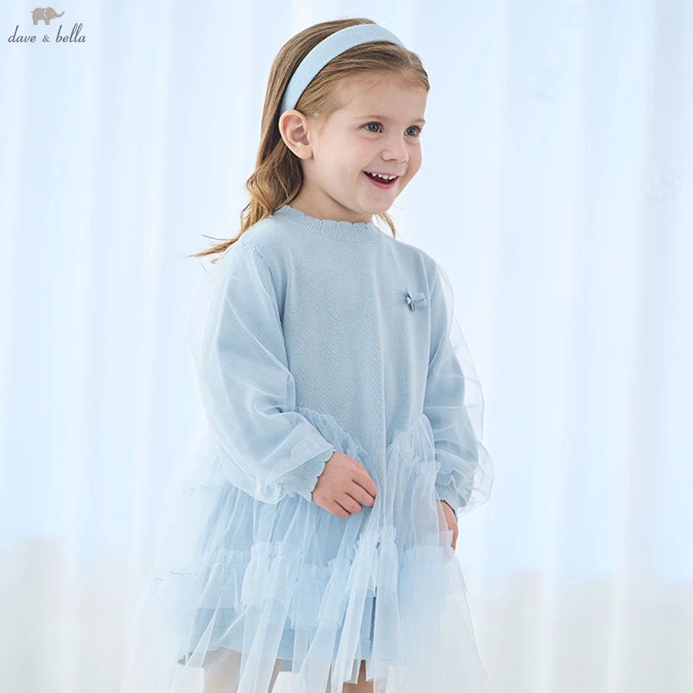 

Dave Bella Girl Long Sleeve Princess Mesh Dress Children Winter Knitted Sweater Dress Sweet Party Outdoor Clothes DB1250270