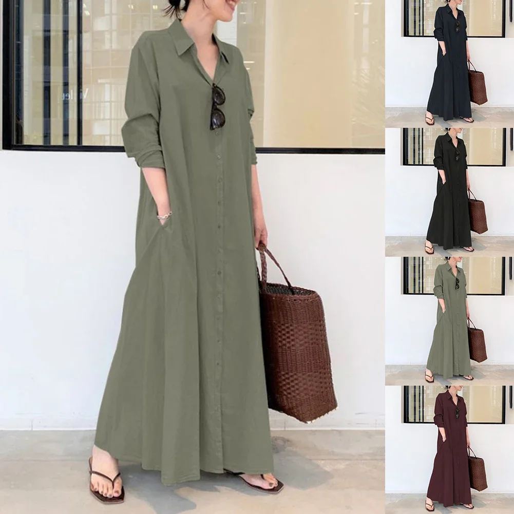 

Women Linen Cotton Button Up Casual Loose Kaftan Maxi Shirt Dress Long Dress Solid Color Lapels Long Sleeves Loose Pockets