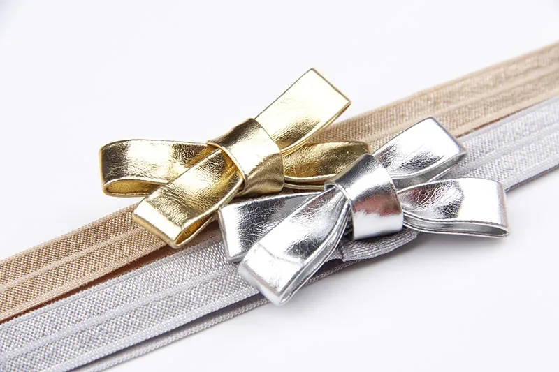 Baby Girls Gold Silver PU Bow Hair Clips Headband Kids Leather Bowknot Hairband Headwear Newborn Hair Band Accessories