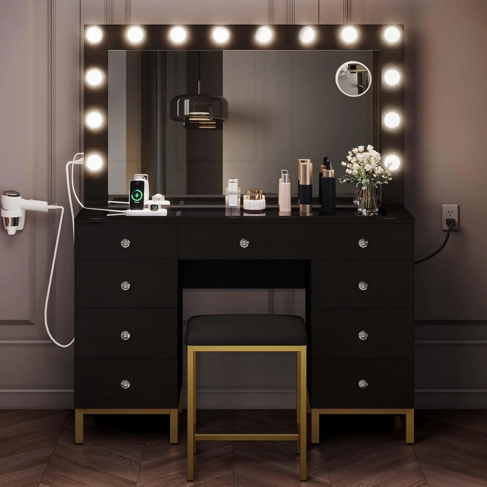 Vanity Desk Set with LED Lighted Mirror & Power Outlet, 14 Hollywood Bulbs Lighted 9 Drawers Makeup Vanities Dressing