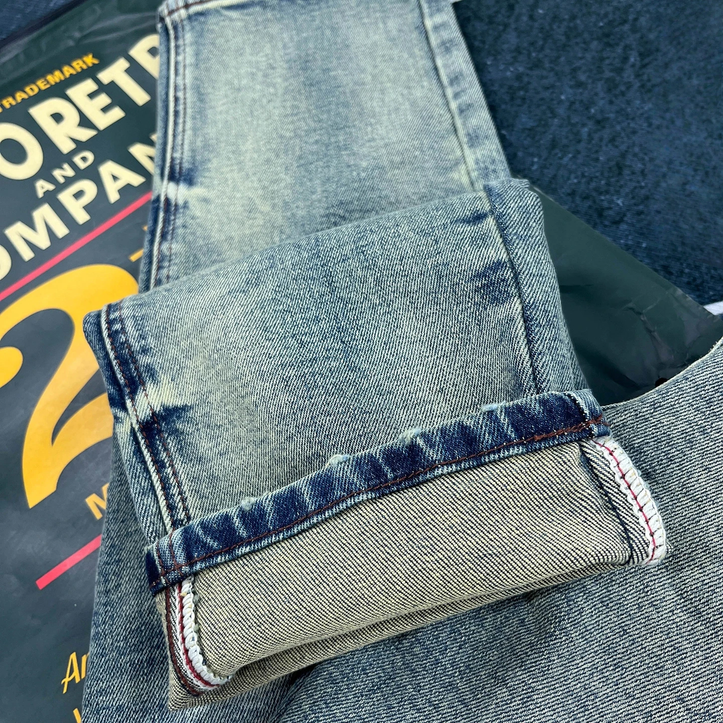 14온스 레트로 청바지 남성용 가을 스트레치 슬림 스트레이트 팬츠 다용도 바지