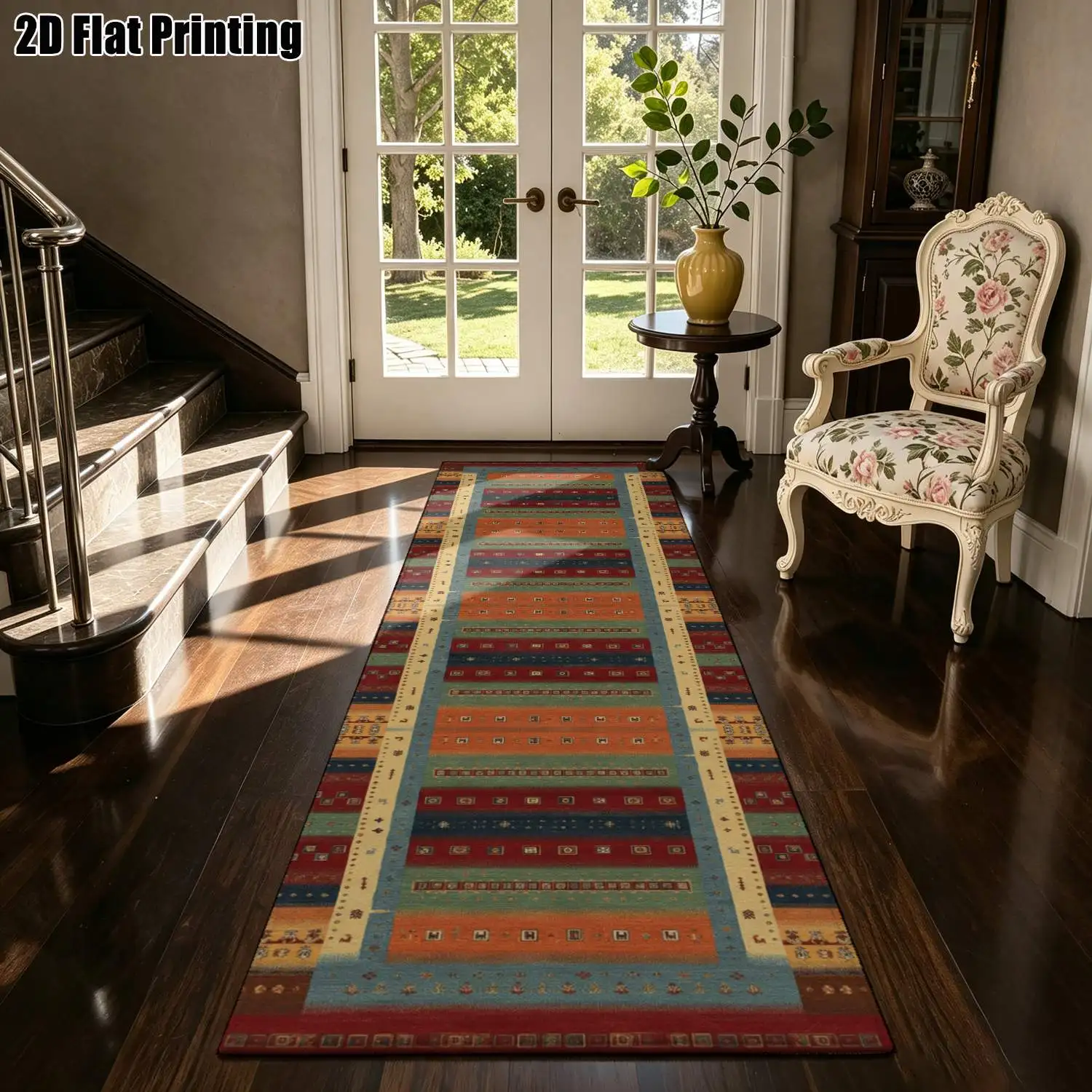1Pc 2D Printed Striped Rug with Red Brown Geometric Patterns Nordic, Modern Minimalist, Vintage, Bohemian Style, Home Decor, Multiple Sizes, Machine Washable, Suitable for Entrance, Hallway, Living Room, Bedroom.