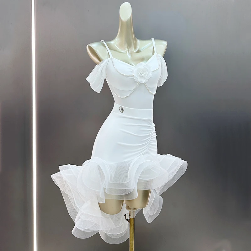 Latin Dance Clothes White Tops Skirt Women Performance Costume Rumba Dance Dress Adult Club Prom Ballroom Dance Wear DNV18132