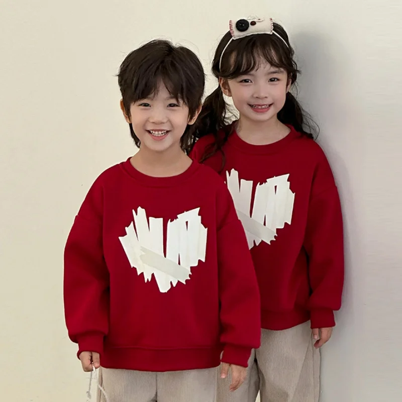 1-12 Year Girl Boy Brother Sister S-3XL Mom Dad Family Matching Outfits Red Heart Embroidery 2025 Chinese New Year Sweater