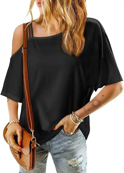 2025 camiseta de mujer de moda de verano de Color sólido nueva Casual cuello inclinado fuera del hombro desgaste suelto de manga corta Mujer ropa de calle camiseta