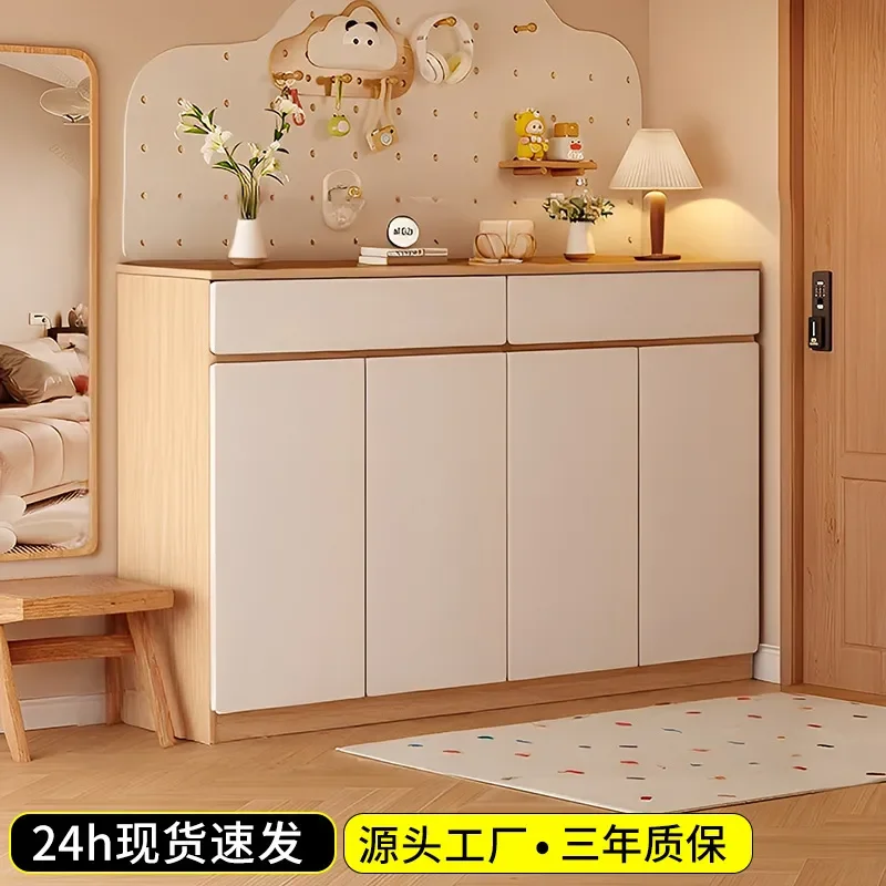 for Solid Wood Shoe Cabinet Integrated Against Wall Entrance Home Multi Layer Storage Large Capacity Porch Cabinet Corridor