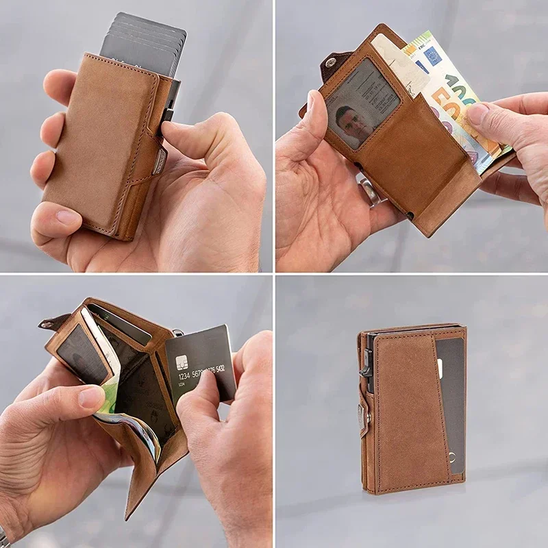 Pop-up Credit Card Case High-Quality Card ID Holders Leather Mini Wallet Men RFID Small Purse Brown Black Coffee Carbon Fiber
