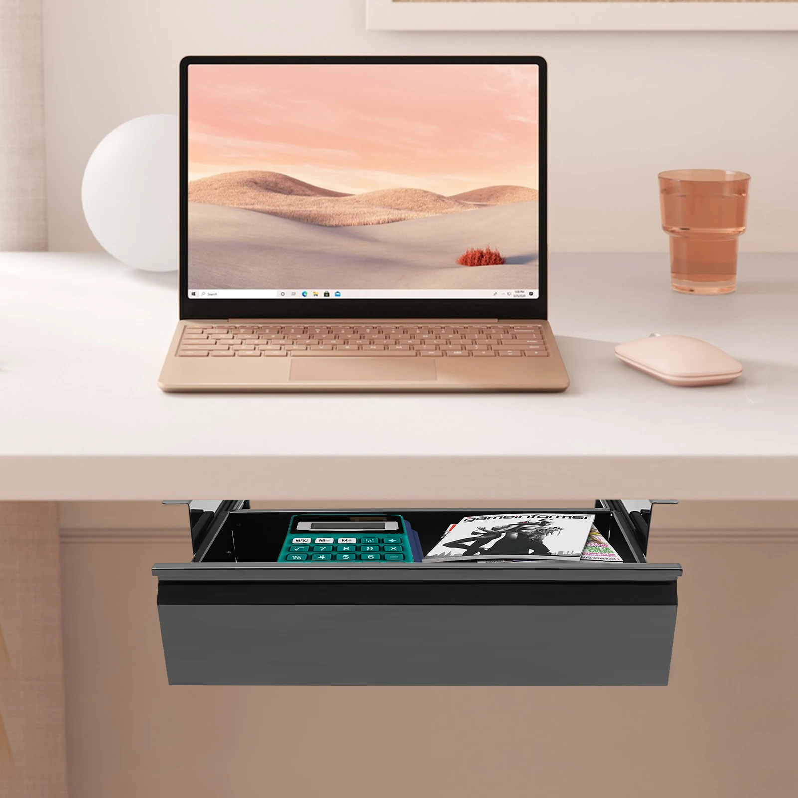 Under Desk Mounted Sliding Drawer with Power Strip, 1500W 2 USB Type-C, Storage Organizer for Office Home