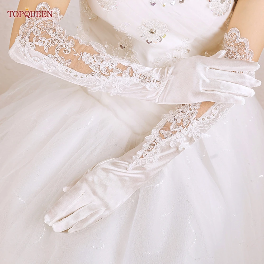 TOPQUEEN Lace Bridal Gloves Long Elbow Length Satin Singing And Dancing Gloves Party Wedding Dress Arm DIY Accessories VM06