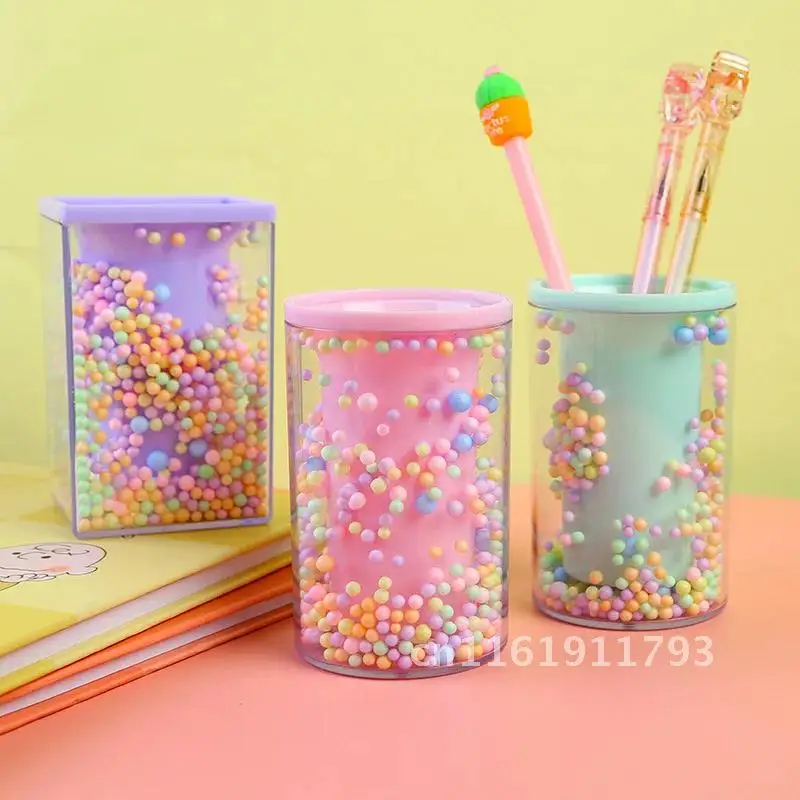 Creative Desktop Large Capacity Squar Shape Pencil Case Cute Foam Ball Style Transparent Pen Holder Decoration Storage