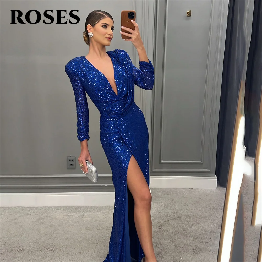 ROSES Royal Blue Evening Dress Shining V Neck Full Sleeves Charming Prom Dress Side Split Mermaid Party Dress vestidos de noche