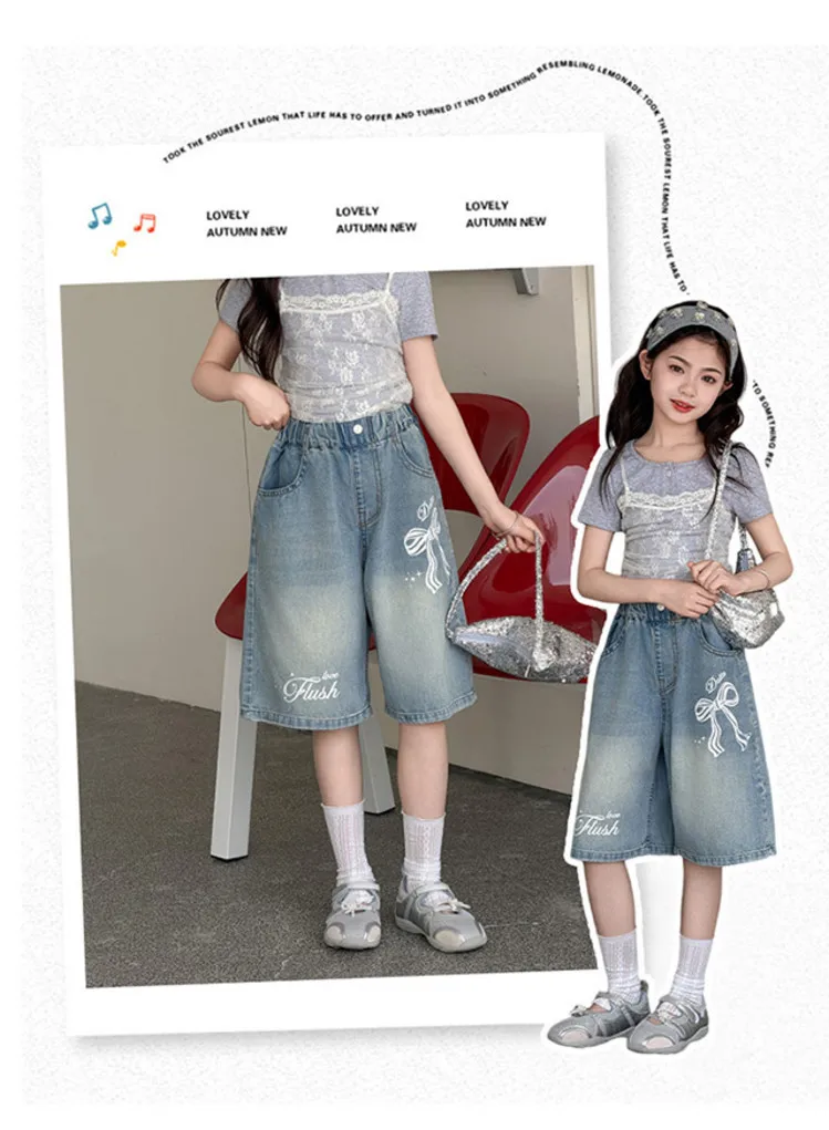 2026 Sommer Kinderkleidung: Jeans-Shorts für Teenager-Mädchen mit Schleifenmuster, elastischem Bund, weitem Bein und mittellanger Länge – Lässige, süße Shorts für Kinder – Detail 1