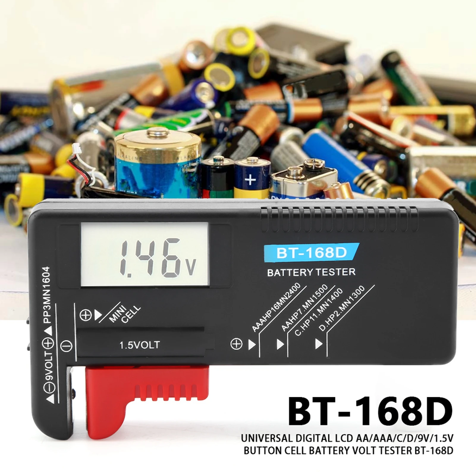 Probador de voltios de batería BT‐168D Probador de voltios de batería de pila de botón LCD digital AA//C/D/9V/1,5 V Probador de batería BT‐168D