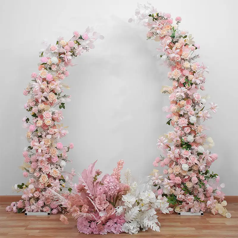 Custom series Pink Rose Lily Green leaf artificial mixed flower corner arch outdoor wedding background decoration stage setting