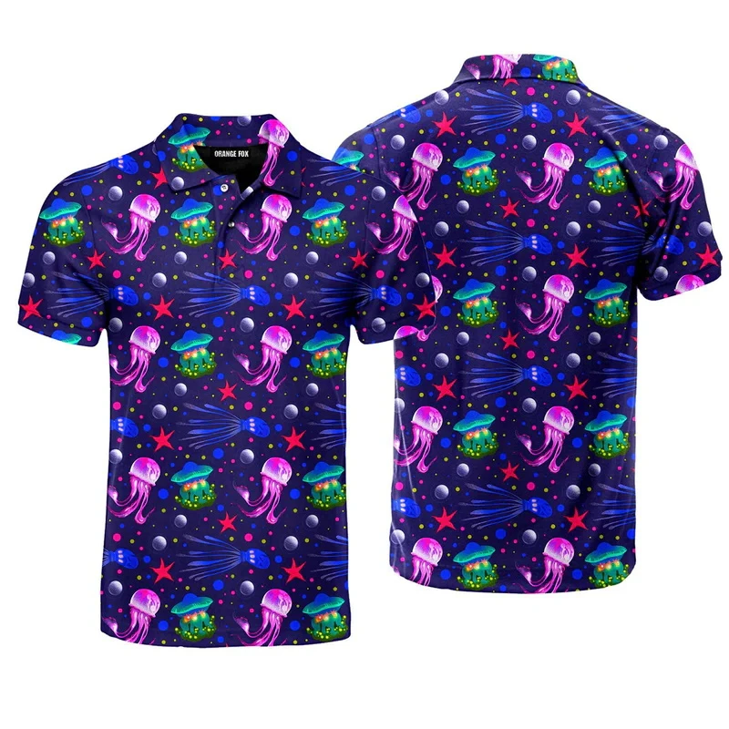 3D Printed Jellyfish Pattern Polo Shirts For Men New Summer Fashion POLO Shirt Neon Marine Animal Hip Pop Y2k Male Button Tops