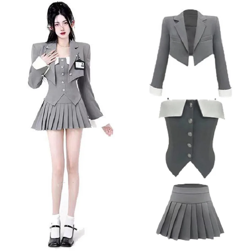 Retro Brown Plaid Vest Shirt Coat Skirt Sets Girl College Style Plaid Suit Pleated Mini Skirt Female Sexy Korean Jacket Blazers