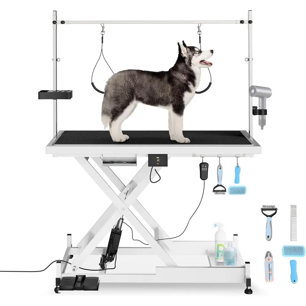 

50-inch Adjustable Height Electric Grooming Table for Large Dogs with Nooses, 4-in-1 Comb, Nail Care, and Blow Dryer