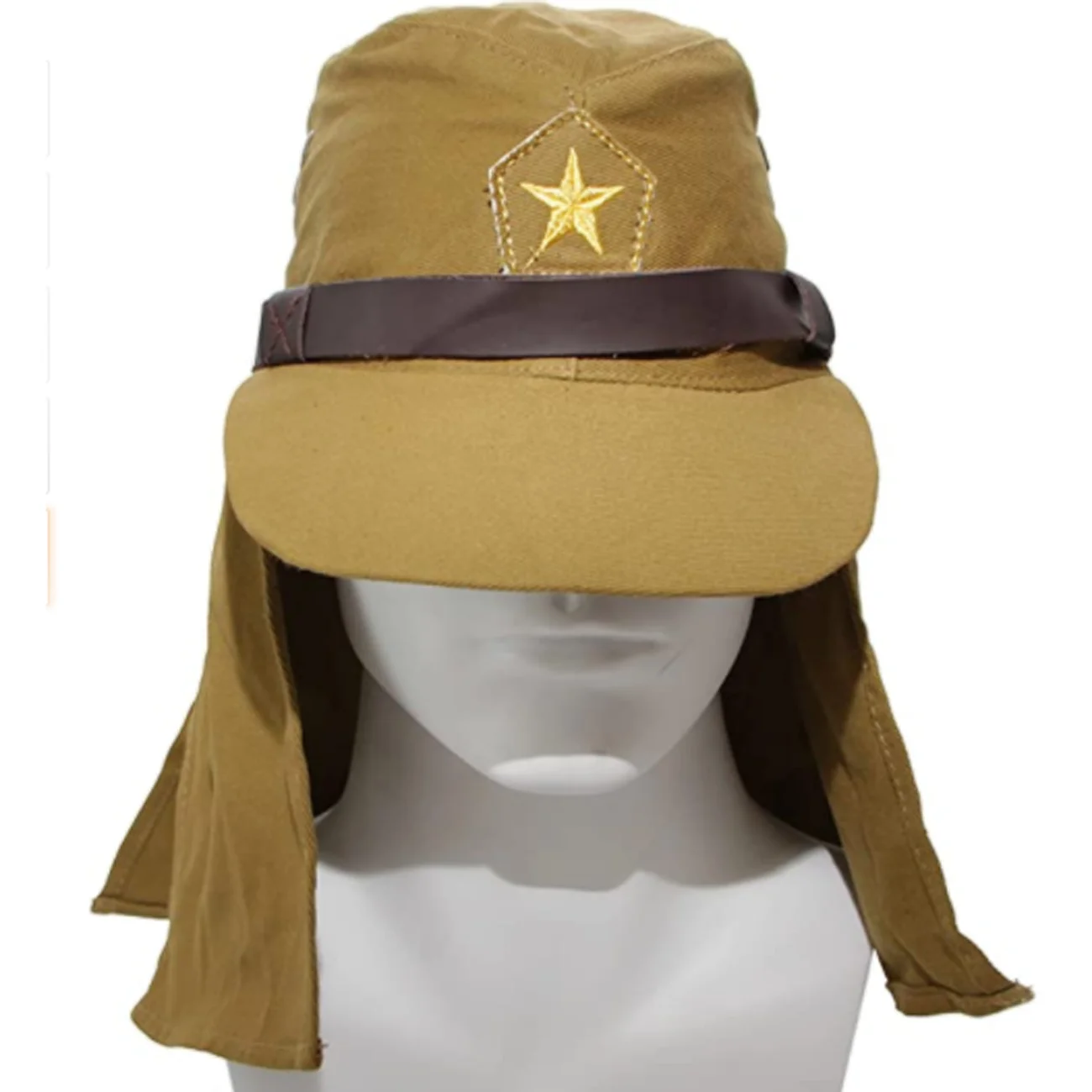 WW2 Brown Japanese Soldier Hat with Neck Flap Chin Strap High