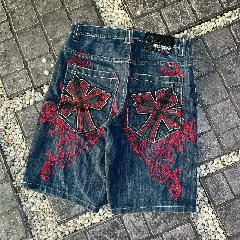 Y2K Vintage New Gothic Cross Graphic Printing Baggy Denim Shorts Fashion Harajuku Casual High Waist Wide Leg Shorts Streetwear