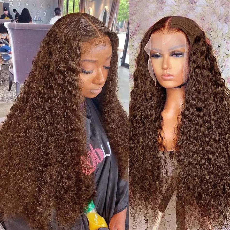 Deep Curly Chocolate Brown 13x4 Lace Front Human Hair Wigs For Women Pre Plucked Colored Deep Wave Lace Frontal 4x4 Closure Wig