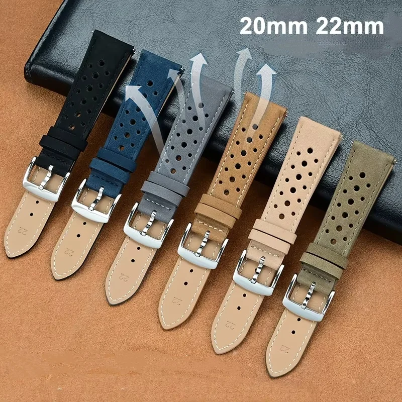 20mm 22mm Quick Release Frosted Cowhide Porous Breathable Watch Strap Replacement for Universal Soft Waterproof Watch Band
