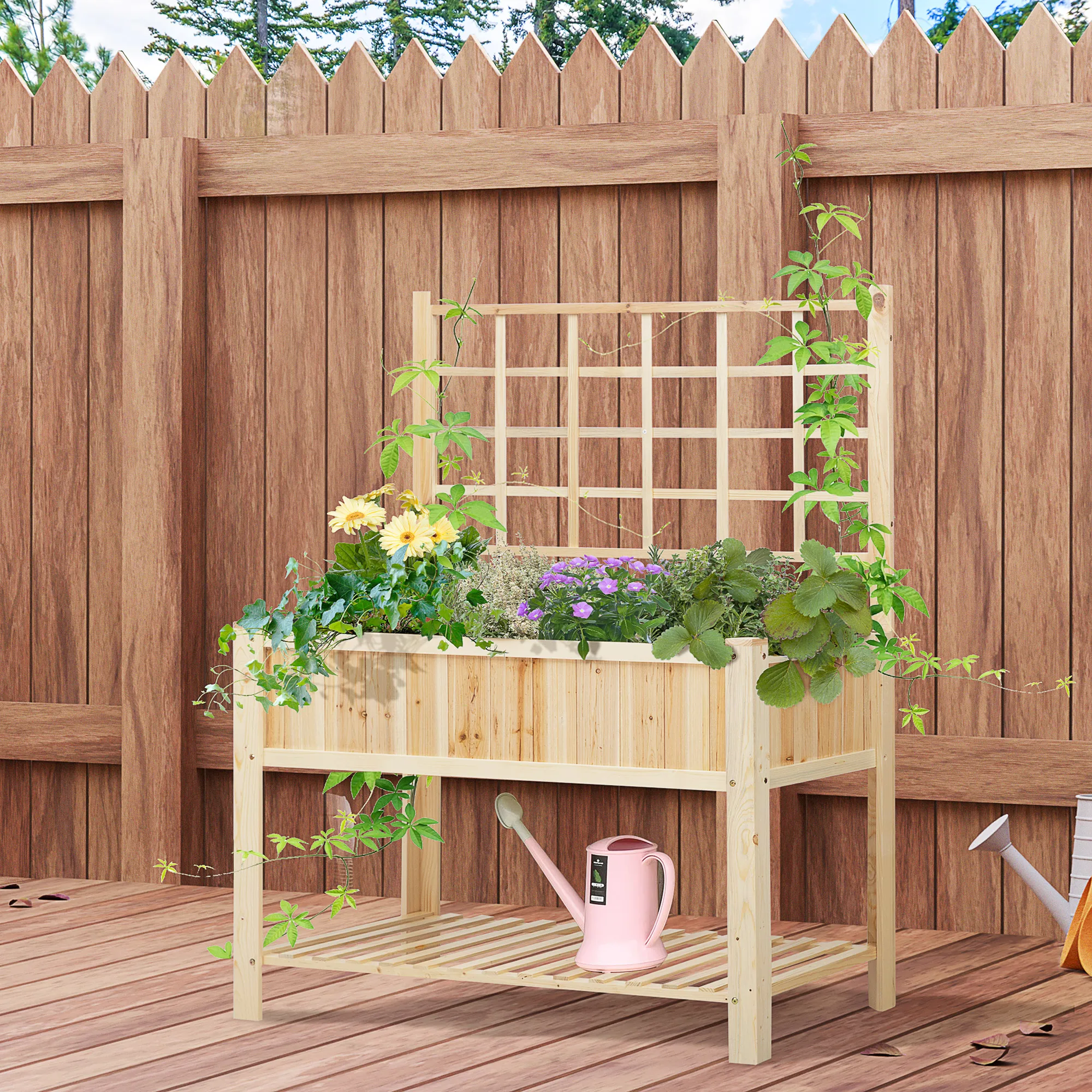 Wooden Raised Garden Bed with Trellis and Shelf