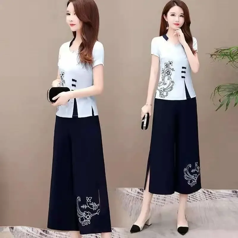 

2025 New Summer Fashion Lady's Mother Cotton Linen Clothing Women's Chinese Style Suit Crop Tops Calf-length Pants Two Piece Set