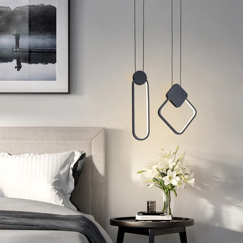 LED Bedside Pendant Lamp Nordic Modern Simple Bedroom Bedside Single Head Pendant Lamp Aluminum Three Piece Dining Room Decorati