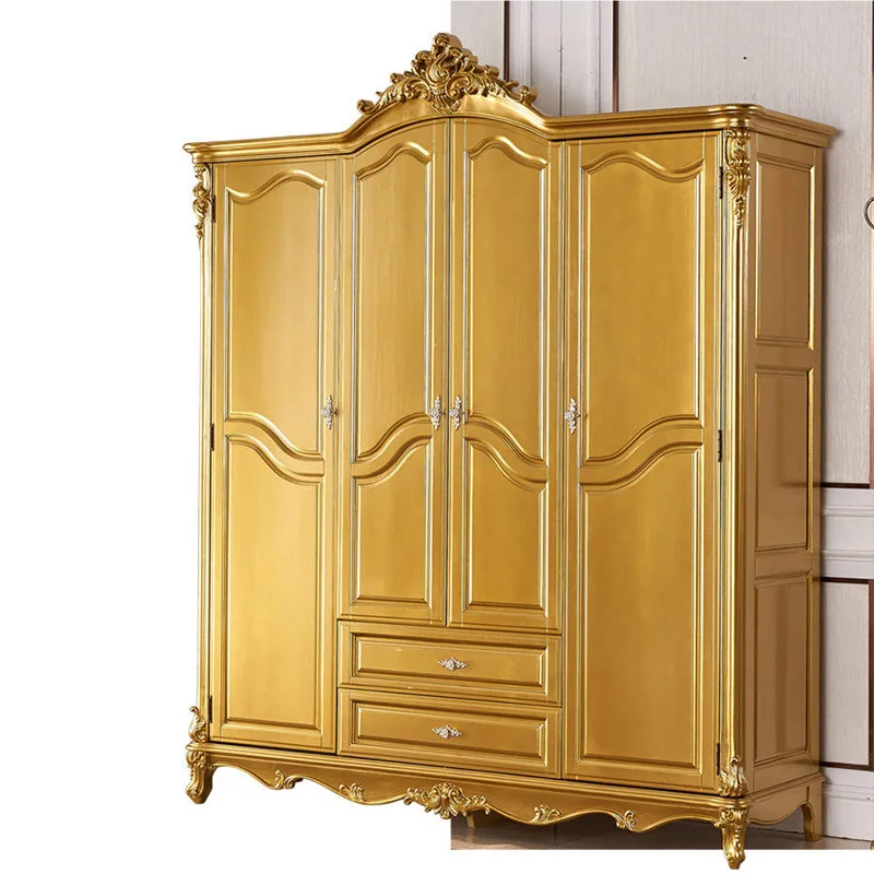 

European bedroom simple wardrobe four doors floor-to-ceiling multi-layer solid wood light luxury door French champagne gold
