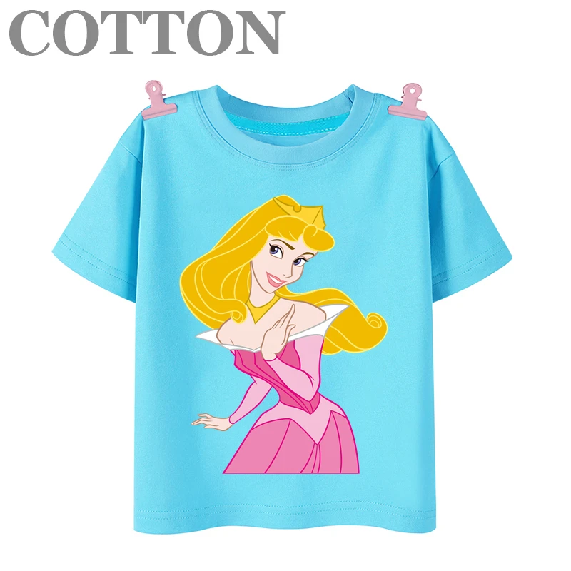 Beautiful Princess Aurora Disney Anime Fashion Cotton Summer Children\'s Cartoon T-shirt Round Neck Short Sleeve Print Pattern