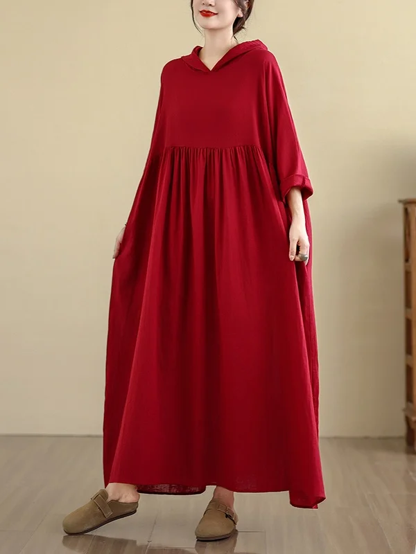 Vermelho início do outono longo Sve Retro Suave Dupla Camada Algodão Linho Dr Pure Color Com Capuz Dr Commute Cintura Solta Cotto...