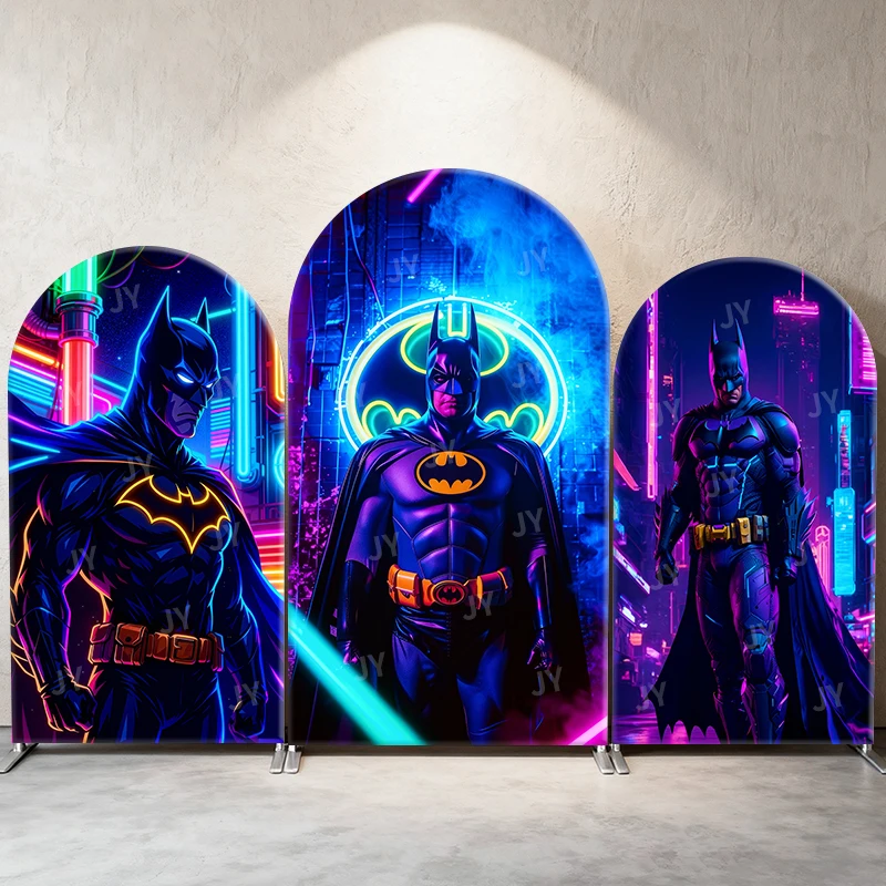 

Batman Neon Cyber Theme Arch Backdrop Cover Glowing Bat Symbol Cartoon Background For Kids Birthday Baby Shower Party Decoration