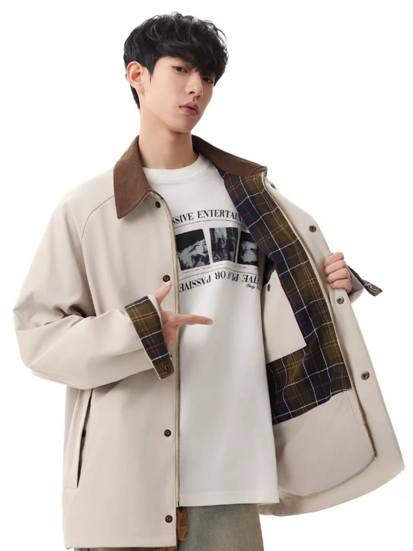 

Loose Fit Men's Jaet Turn-down Collar Retro Splicing Color Blo Workwear Outerwear Spring Autumn Seasonal Faionable Brand