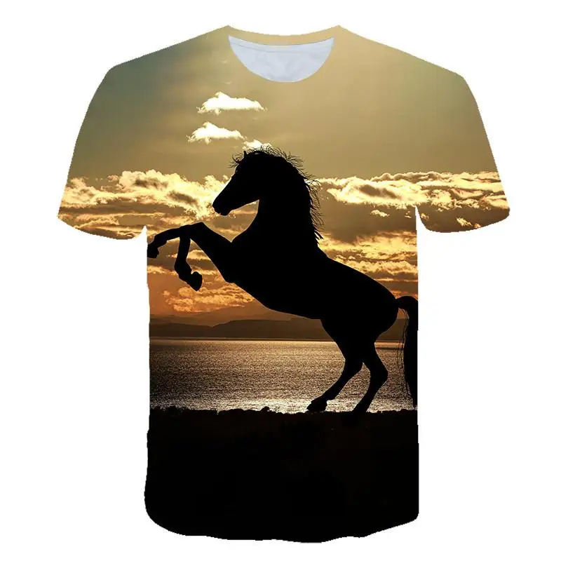 Fashion Men Cool Wild Horse Animal Graphic Print T‑Shirt Art Design Short Sleeve Street Tee