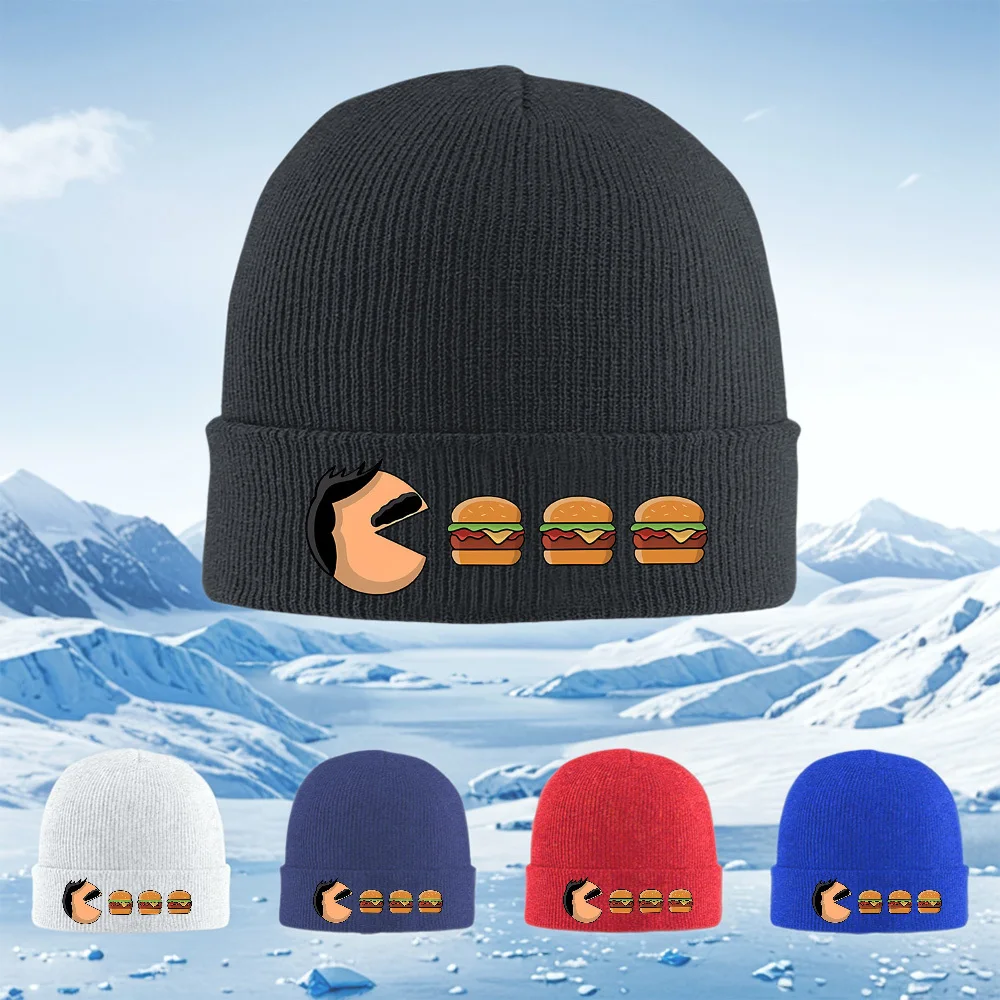 Pacman eating burger delicious tasty food Men Women Unisex Knitted Hat Beanie Pullover Cap Winter Thermal Warm Christmas Outdoor