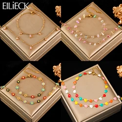 EILIECK 316L Stainless Steel Trendy Metal Waterproof Flower Heart Stone Necklace Bracelets Set Stainless Steel Charm PVD Jewelry