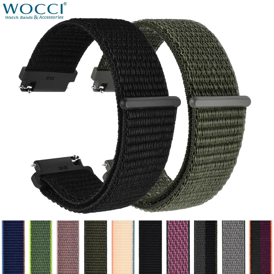 WOCCI 2PCS Nylon Watch Strap for smart watch 18mm 20mm 22mm bracelet belt for men women with hook and loop fastener watchband