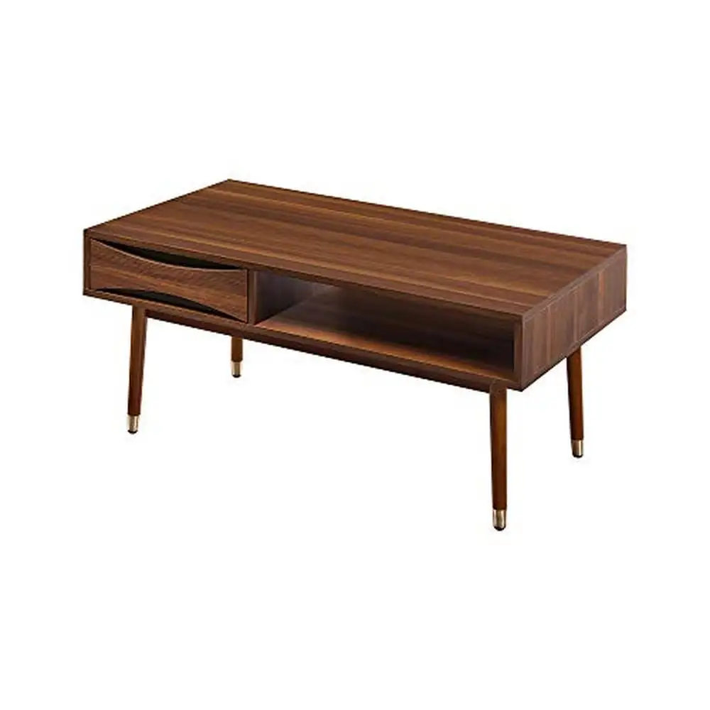 Mid-Century Modern Rectangular Coffee Table with Drawer & Shelf Walnut Finish Brass Leg Tips Easy to Clean Stylish Storage