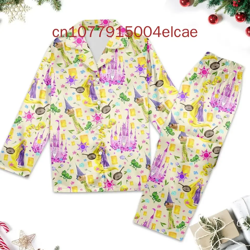 2024 New Disney Princess Pajama Set 3D Printed Casual Men's and Women's Long Sleeve Shirt Pajama Set