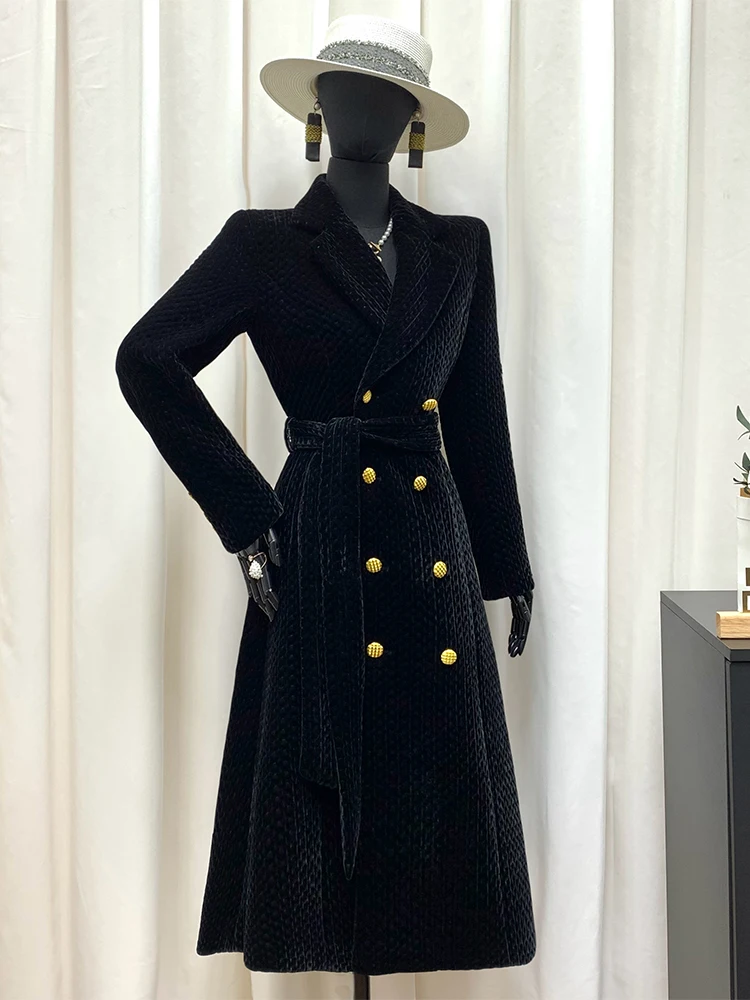 

Pigno Double-Breasted Long Velvet Coat Thiened Cotton Korean Sle Tailoring Winter Outerwear Ladies Faion