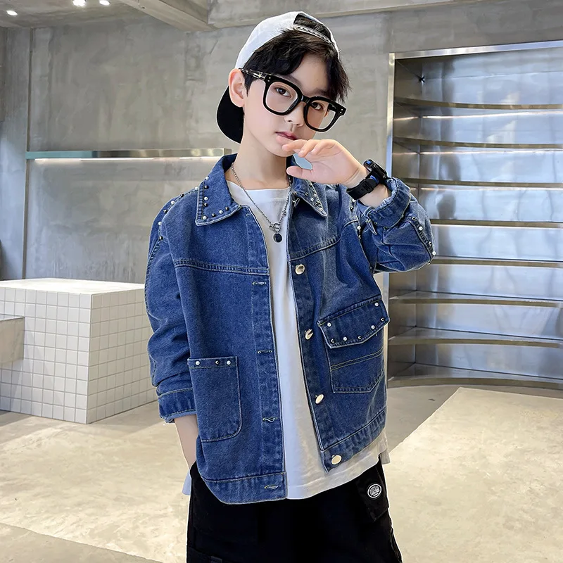 

New Autumn Boys Clothes Kids Jackets for Boy Fashion Children Nail Bead Denim Coats Teenage School Turn-down Collar Jeans Tops