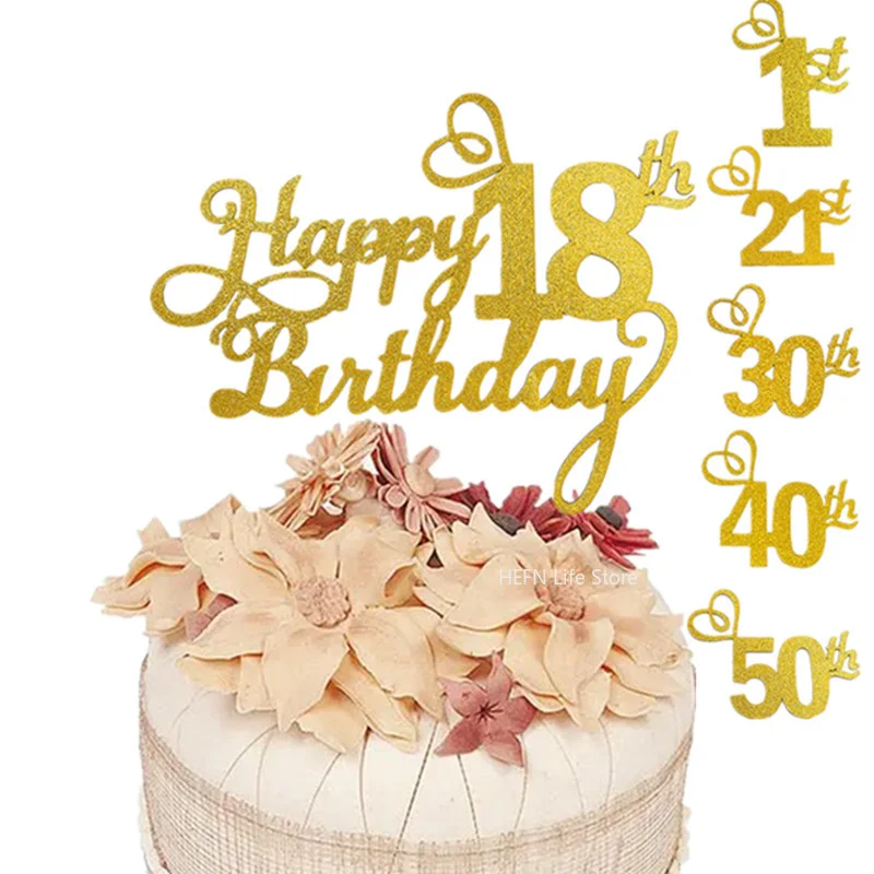 Happy Birthday Cake Topper, Party Decoration Supplies, 1st, 18th, 21th, 30th, 40th, 50th Age, 1Pc